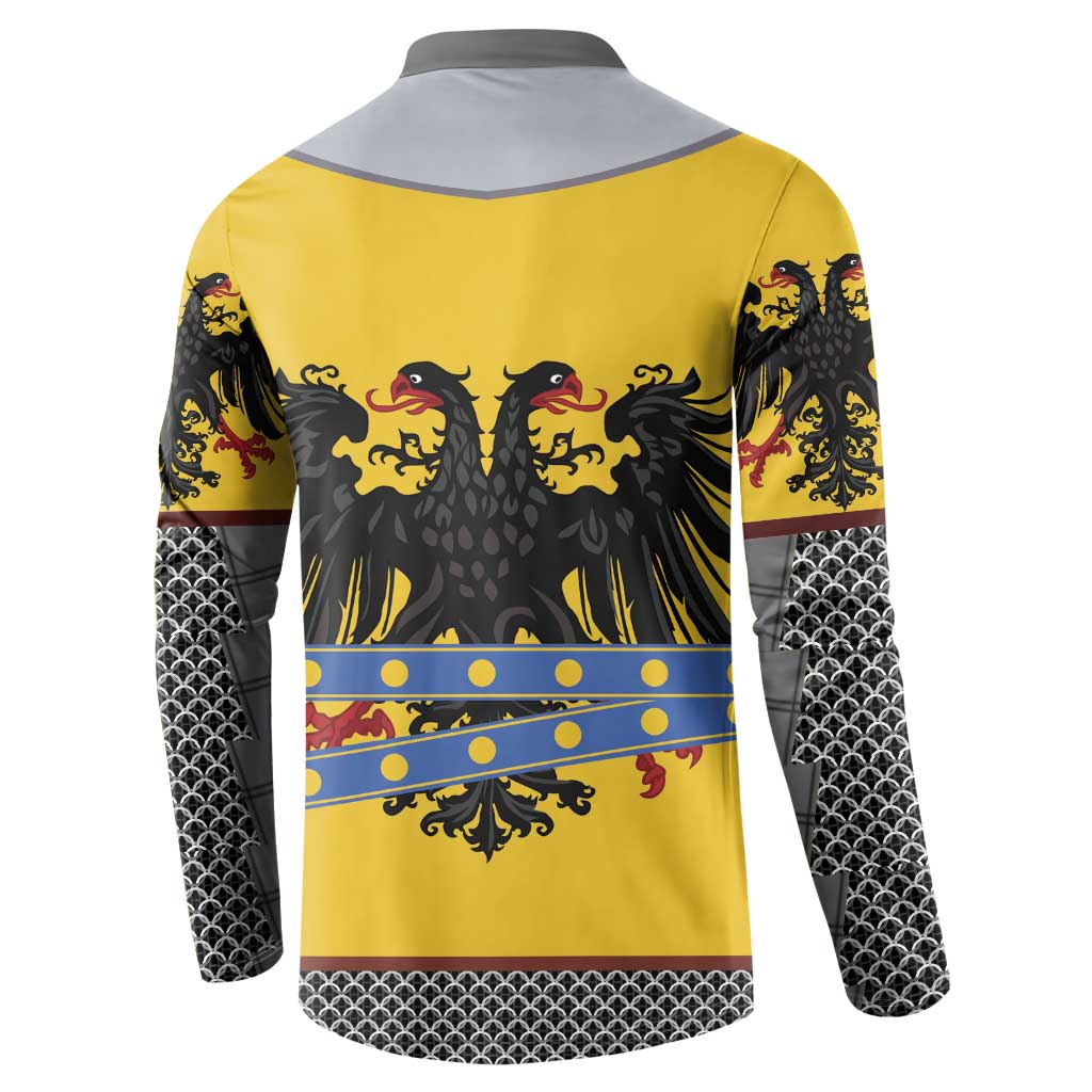 Knight crest button henley sweatshirt with yellow back and patterned black sleeves
