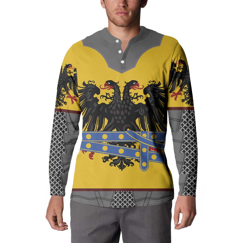 Button henley sweatshirt with yellow front panels, crest print, and black patterned sleeves