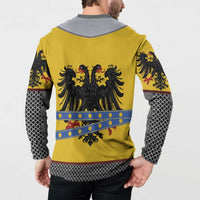 Back view button henley sweatshirt with yellow crest graphic and black sleeve pattern