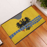 Yellow rubber doormat with double-headed eagle emblem and blue striped center band