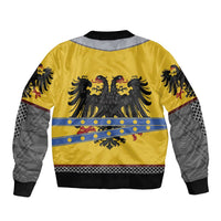Unisex knight bomber jacket back view with gold panel, eagle crest, blue striped band, ribbed hem