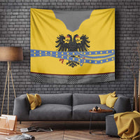 Rectangular yellow-gold tapestry with double-headed black eagle, blue stripe border, hanging display