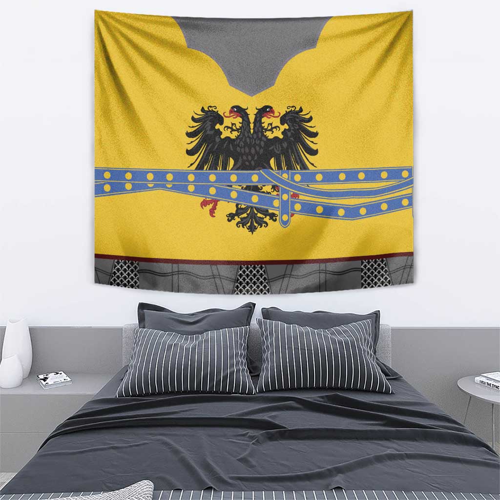 Rectangular yellow-gold tapestry with double-headed black eagle and blue ornamental belt