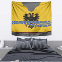 Rectangular yellow-gold tapestry with double-headed black eagle and blue ornamental belt