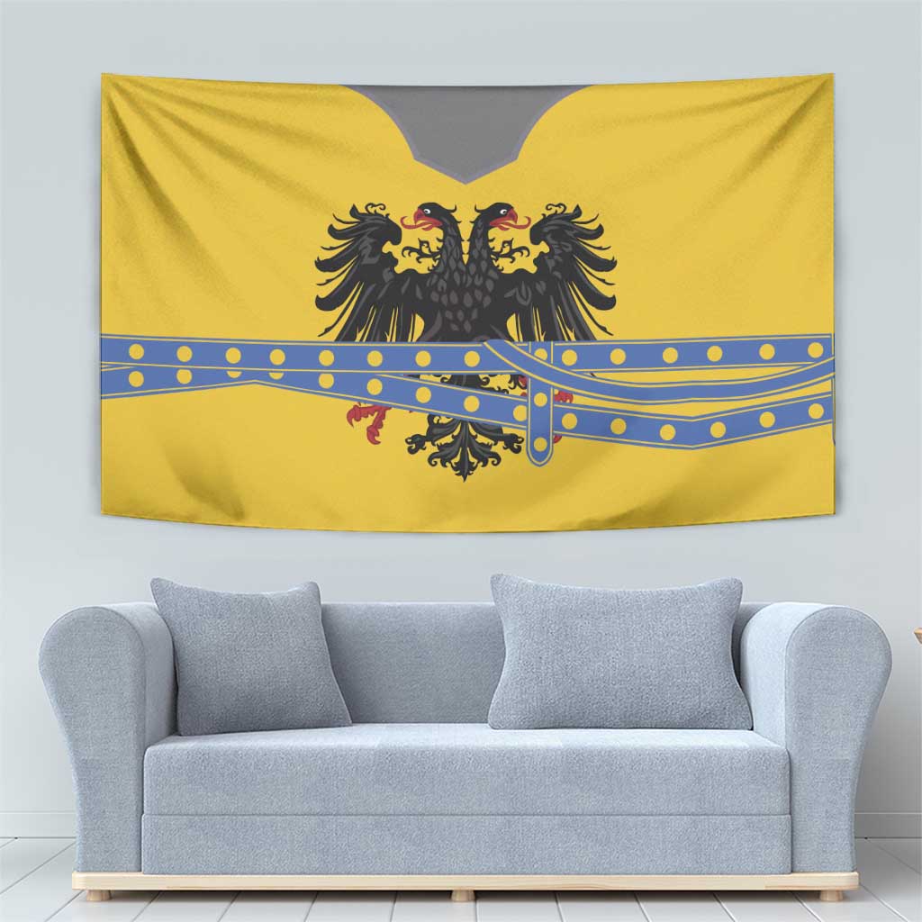 Rectangular yellow-gold wall tapestry with double-headed black eagle and blue striped cross