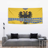 Rectangular yellow-gold tapestry with double-headed black eagle, blue dotted bands, centered shield