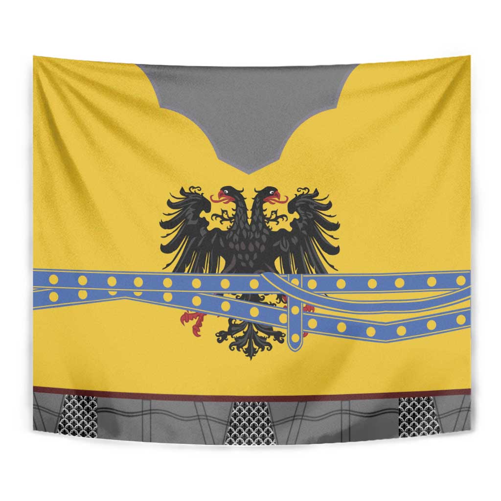 Close-up rectangular yellow-gold tapestry with double-headed eagle, blue bands, and grey bottom panel