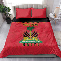Red bedding set with two pillow shams; duvet shows Haiti coat of arms and 'YOUR TEXT'.