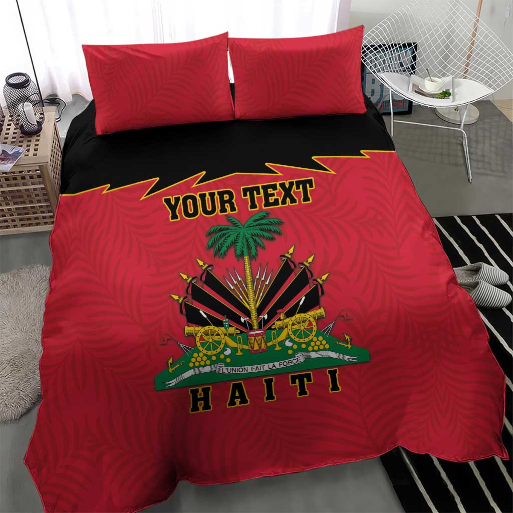 Red bedding set with two pillow shams; central Haiti coat of arms flag print with 'HAITI'.