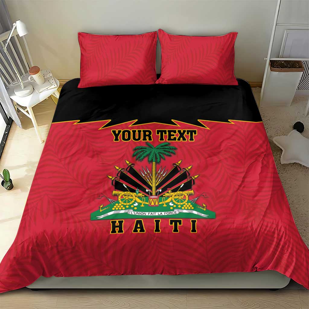 Red bedding set with two pillow shams; duvet features Haiti coat of arms, 'YOUR TEXT', 'HAITI'.