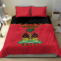 Red bedding set with two pillow shams; duvet features Haiti coat of arms, 'YOUR TEXT', 'HAITI'.
