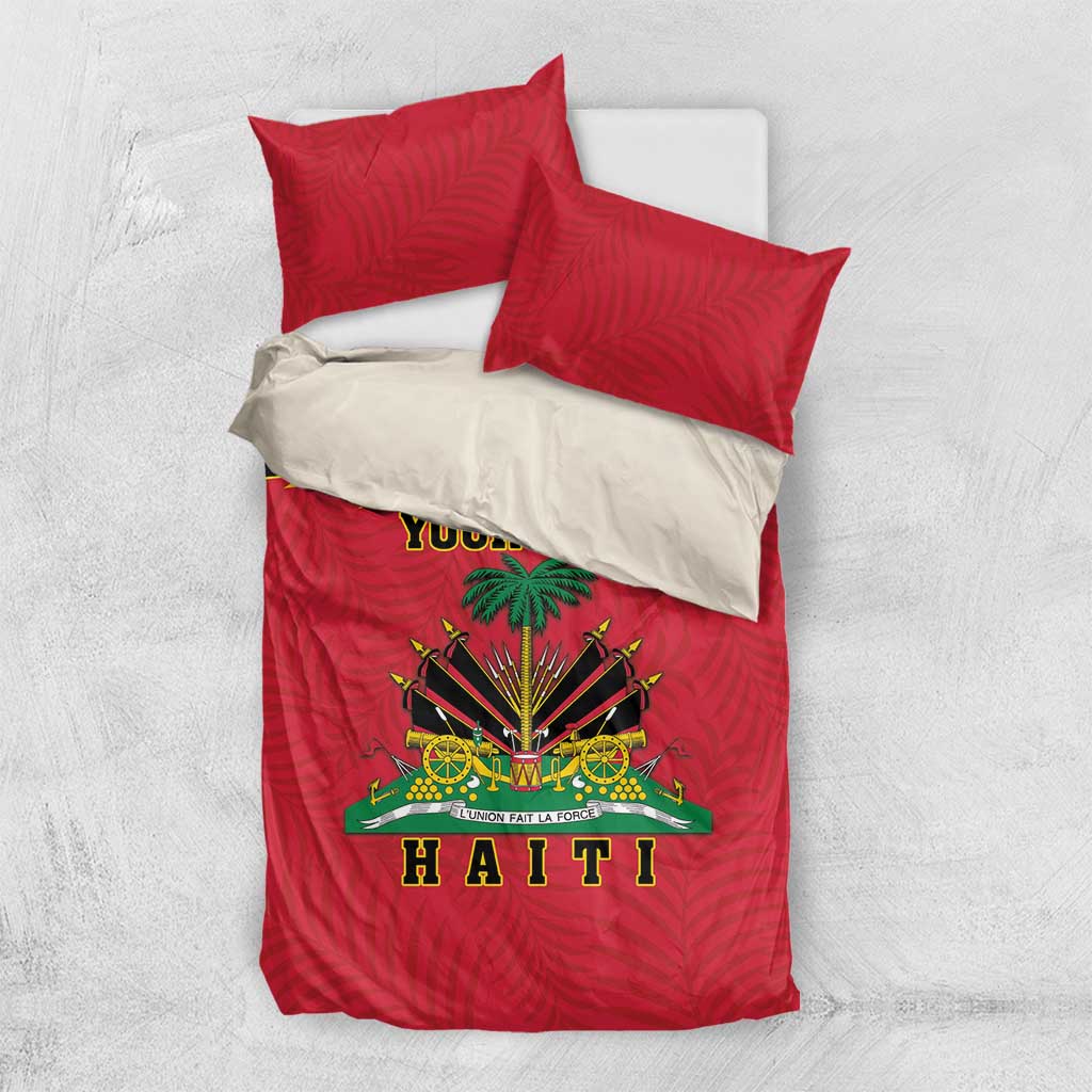 Red and white bedding set with two red pillow shams; duvet has Haiti coat of arms and 'HAITI'.