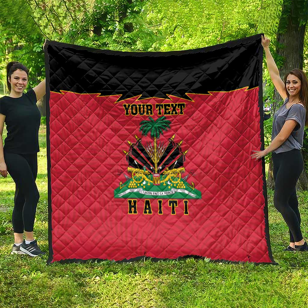 Red quilted blanket with black top border, Haiti emblem and custom text, diamond quilting