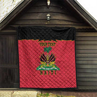 Red and black quilted blanket featuring Haiti emblem and custom text, centered diamond quilting
