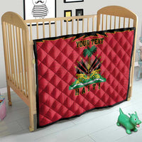 Red quilted blanket with black border and Haiti emblem, custom text, diamond stitched weave
