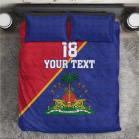 Blue and red football bedding set with 2 pillows; 18 YOUR TEXT graphic and crest