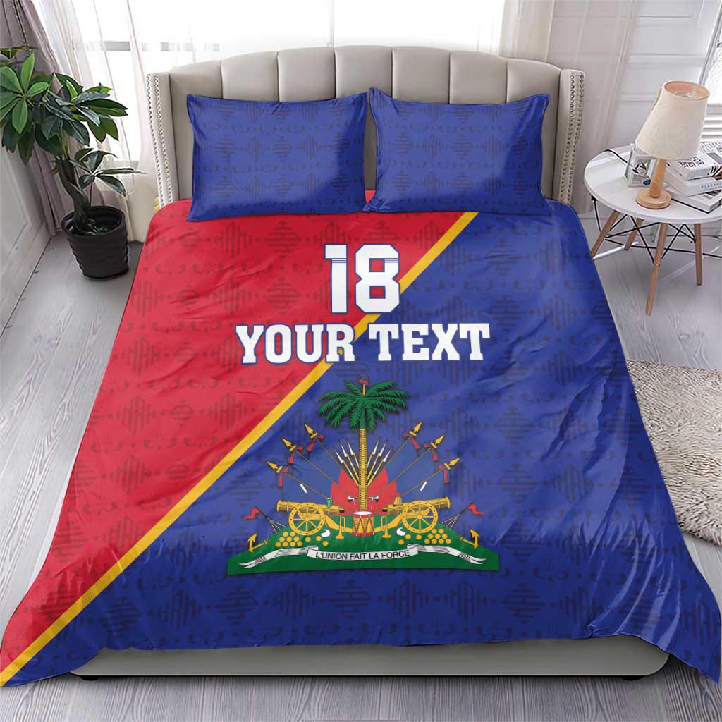 Blue and red bedding set with 2 pillowcases; duvet shows 18 YOUR TEXT and crest