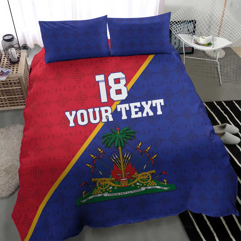 Blue and red duvet bedding set with 2 pillows; bold 18 YOUR TEXT and crest emblem
