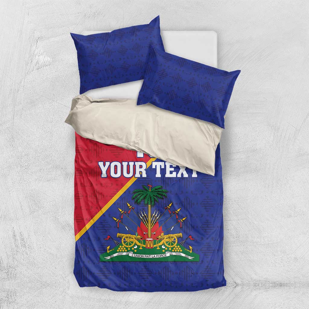 Blue and red bedding set with 2 pillowcases; duvet displays YOUR TEXT and crest graphic