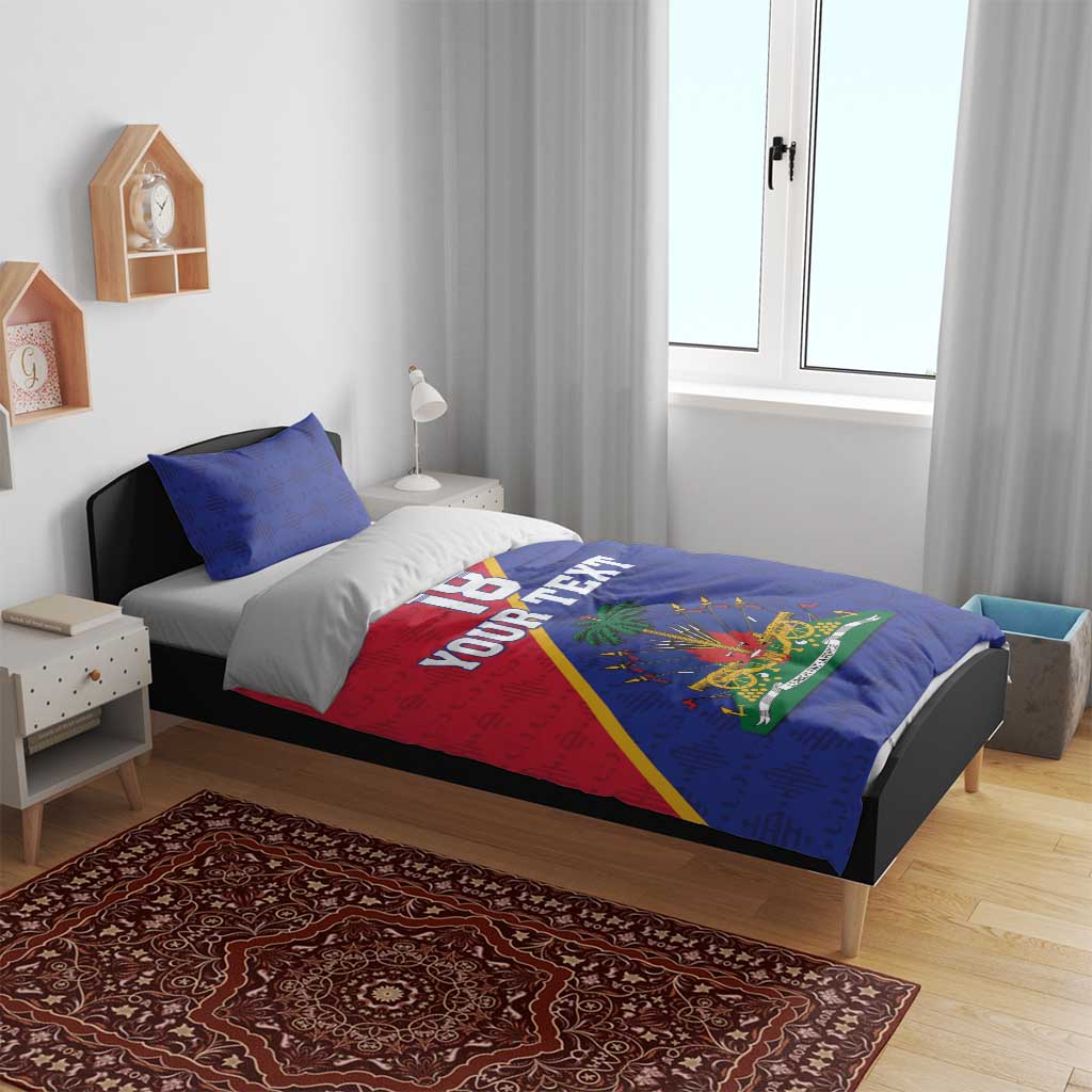 Blue and red duvet bedding set with 2 pillowcases; 18 YOUR TEXT and crest emblem