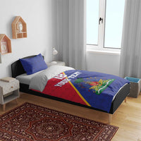 Blue and red duvet bedding set with 2 pillowcases; 18 YOUR TEXT and crest emblem