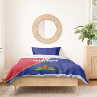 Blue and red bedding set with 2 pillowcases; duvet shows 18 YOUR TEXT and crest