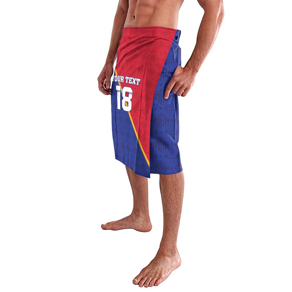 Football lavalava shorts with red waistband, blue side panels, number 18 print
