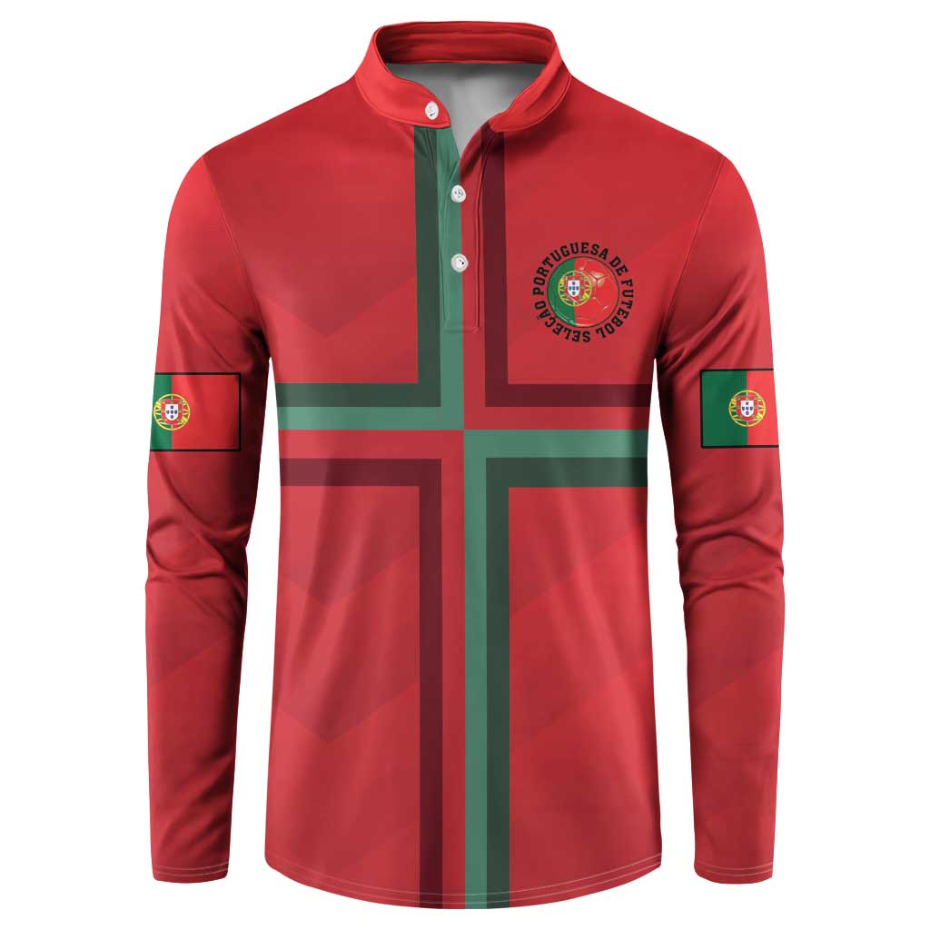 Red button-up football sweatshirt with Portuguese flag cross and crest logo