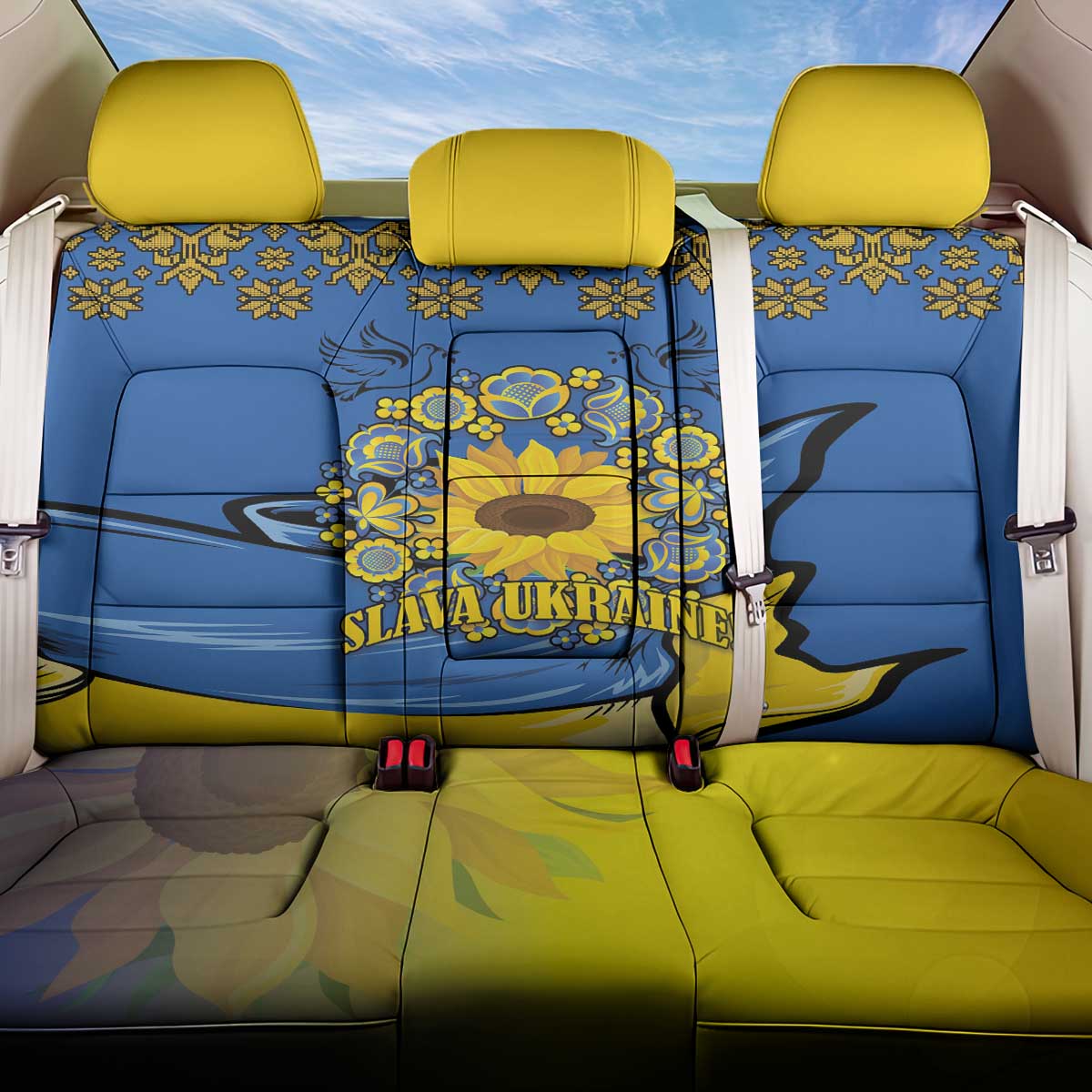 Ukraine Sunflower Peace Sign Back Car Seat Cover With Folk Patterns - Wonder Print Shop