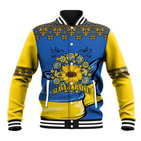 Unisex blue and yellow baseball jacket with floral sunflower graphic and ribbed cuffs
