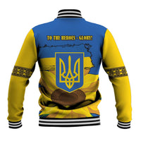Unisex blue and yellow baseball jacket with back trident emblem and heroes text