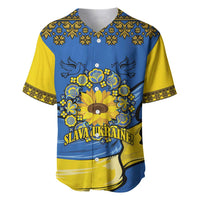 Blue and yellow folk baseball jersey front with sunflower emblem and button placket