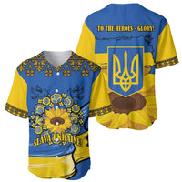 Blue and yellow folk baseball jersey front and back views with sunflower and emblem