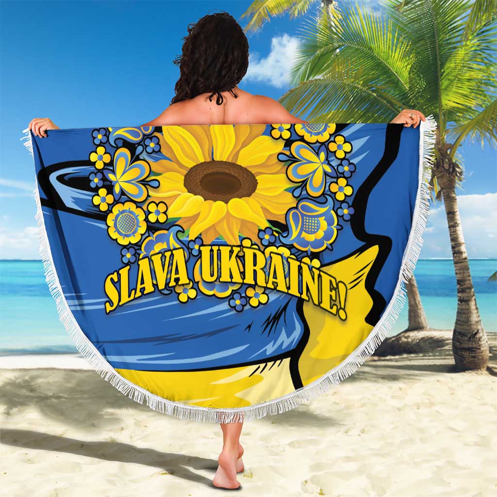 Round blue beach blanket with sunflower folk design and fringe border