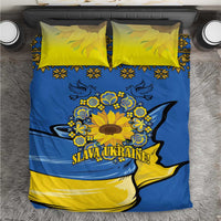 Blue and yellow duvet cover set with sunflower peace sign and 'SLAVA UKRAINE!' graphic