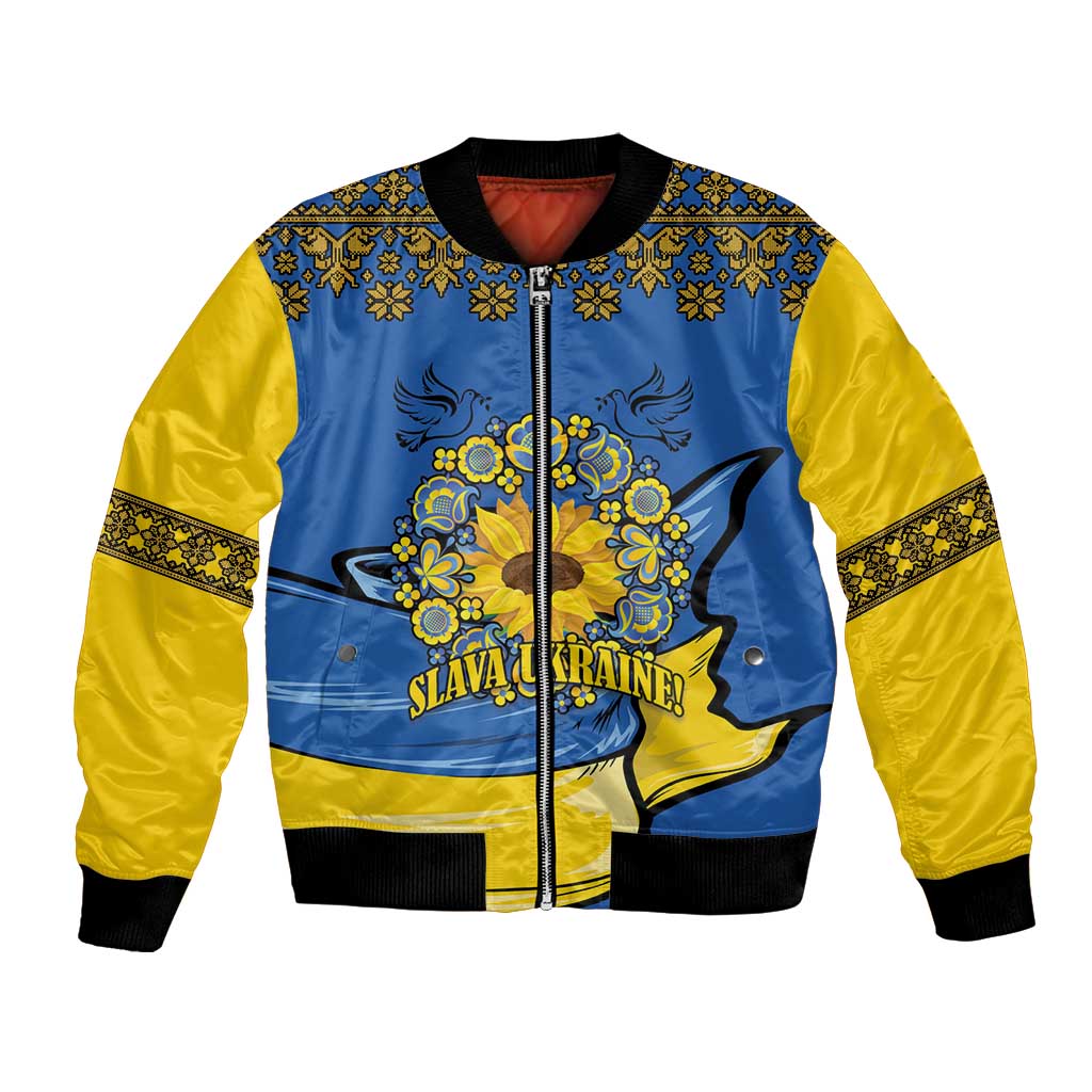 Unisex blue and yellow bomber jacket with folk patterns, zipper front, ribbed hem