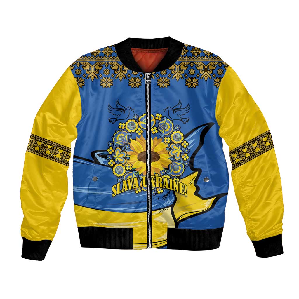 Ukraine Sunflower Peace Sign Bomber Jacket With Folk Patterns - Wonder Print Shop