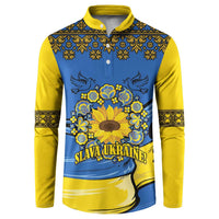 Folk button sweatshirt in blue/yellow with sunflower graphic and SLAVA UKRAINE print