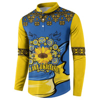 Folk button sweatshirt in blue/yellow with sunflower graphic and SLAVA UKRAINE print