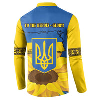 Folk button sweatshirt back in blue/yellow with trident emblem, sunflowers, and TO THE HEROES