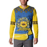 Folk button sweatshirt in blue/yellow with sunflower front and SLAVA UKRAINE print