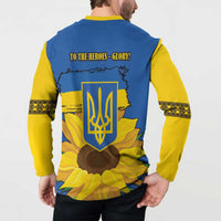 Folk button sweatshirt back in blue/yellow with trident emblem and TO THE HEROES print