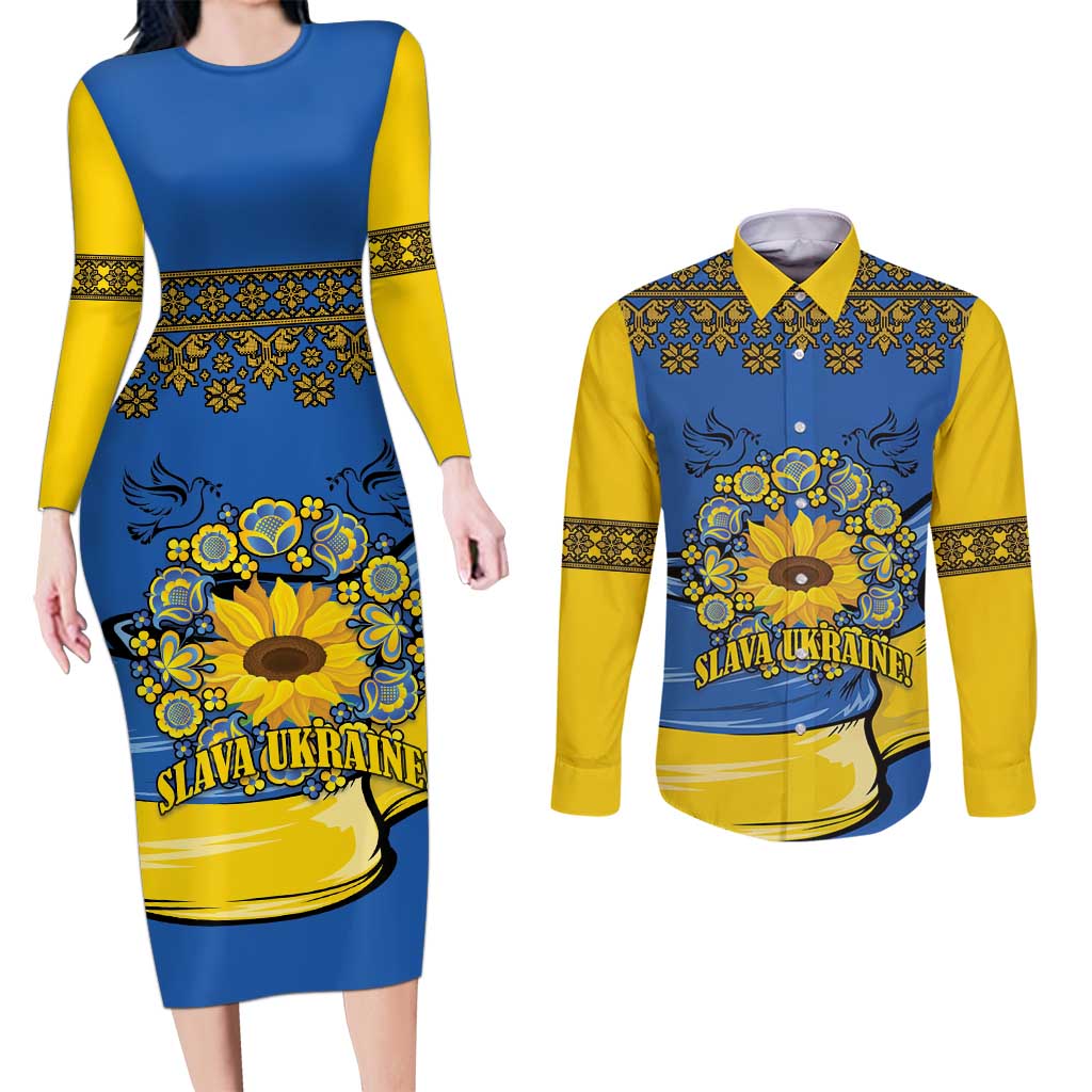 Ukraine Sunflower Peace Sign Couples Matching Long Sleeve Bodycon Dress and Long Sleeve Button Shirt With Folk Patterns - Wonder Print Shop