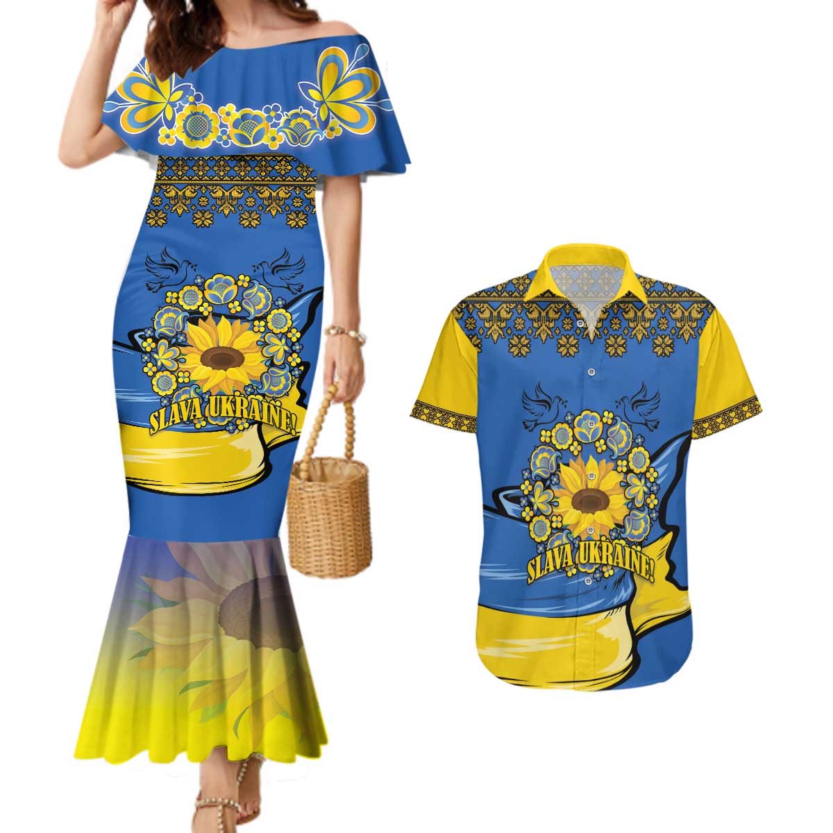 Ukraine Sunflower Peace Sign Couples Matching Mermaid Dress and Hawaiian Shirt With Folk Patterns - Wonder Print Shop