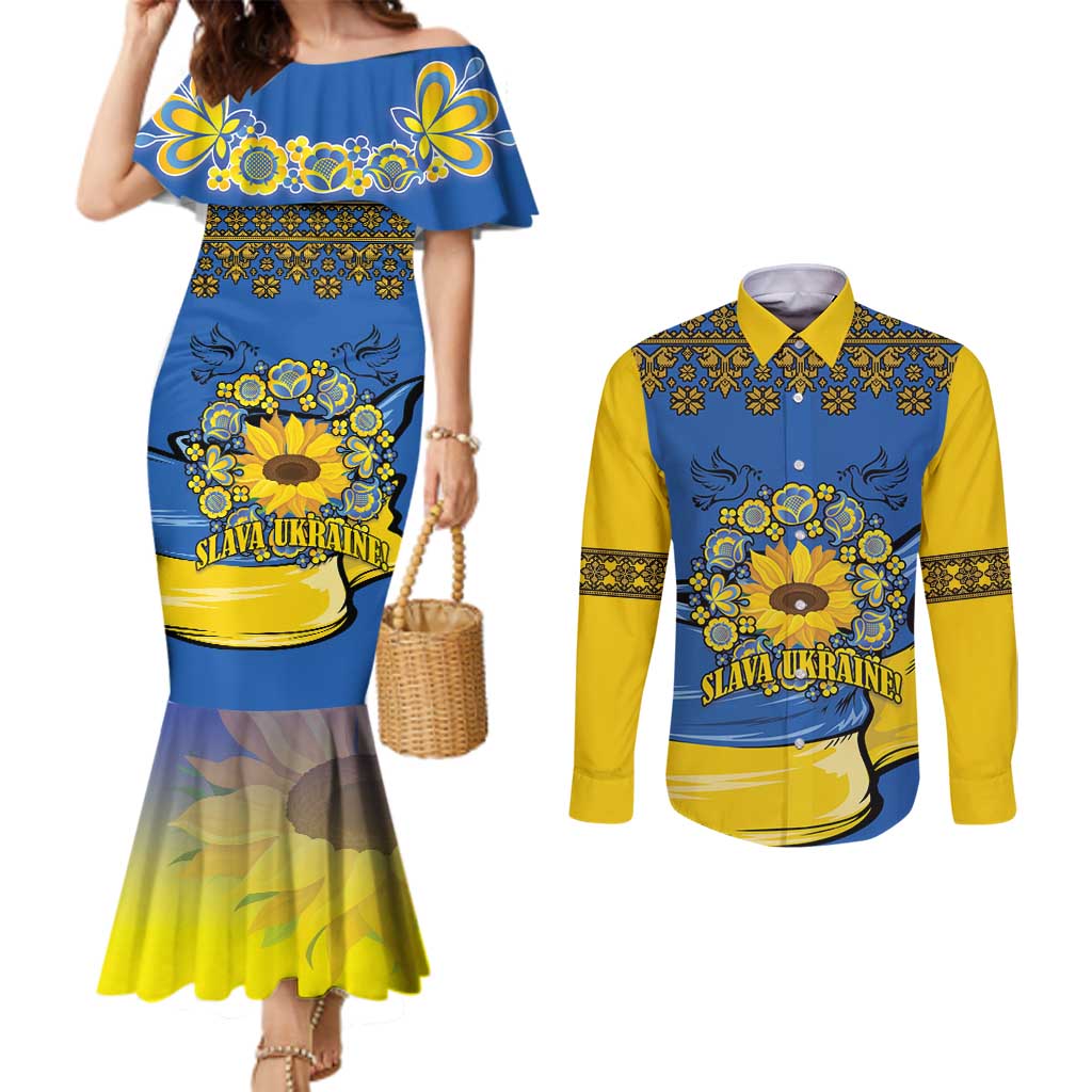 Ukraine Sunflower Peace Sign Couples Matching Mermaid Dress and Long Sleeve Button Shirt With Folk Patterns