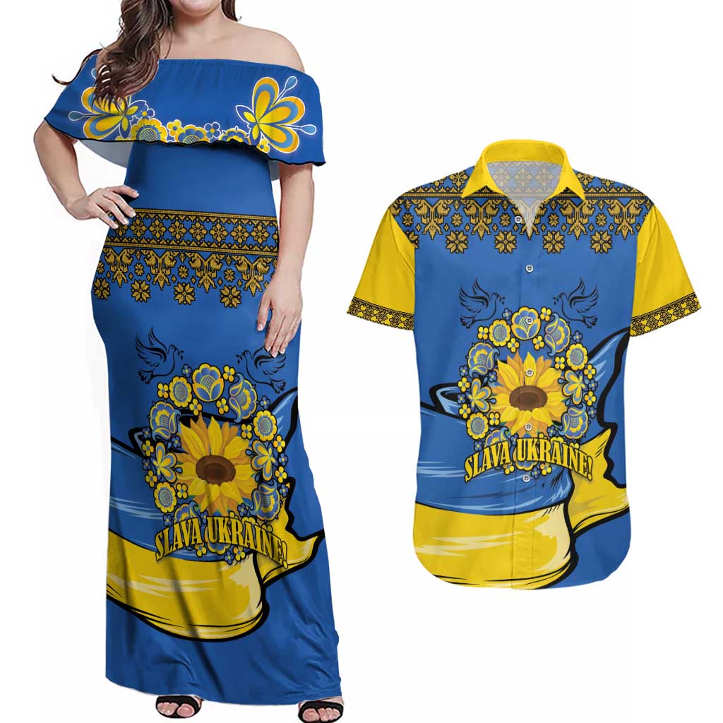 Ukraine Sunflower Peace Sign Couples Matching Off Shoulder Maxi Dress and Hawaiian Shirt With Folk Patterns - Wonder Print Shop