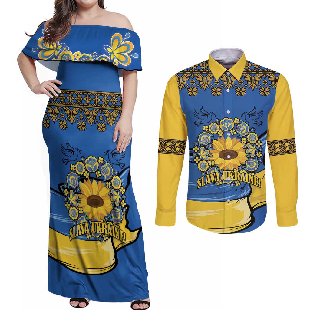 Ukraine Sunflower Peace Sign Couples Matching Off Shoulder Maxi Dress and Long Sleeve Button Shirt With Folk Patterns - Wonder Print Shop