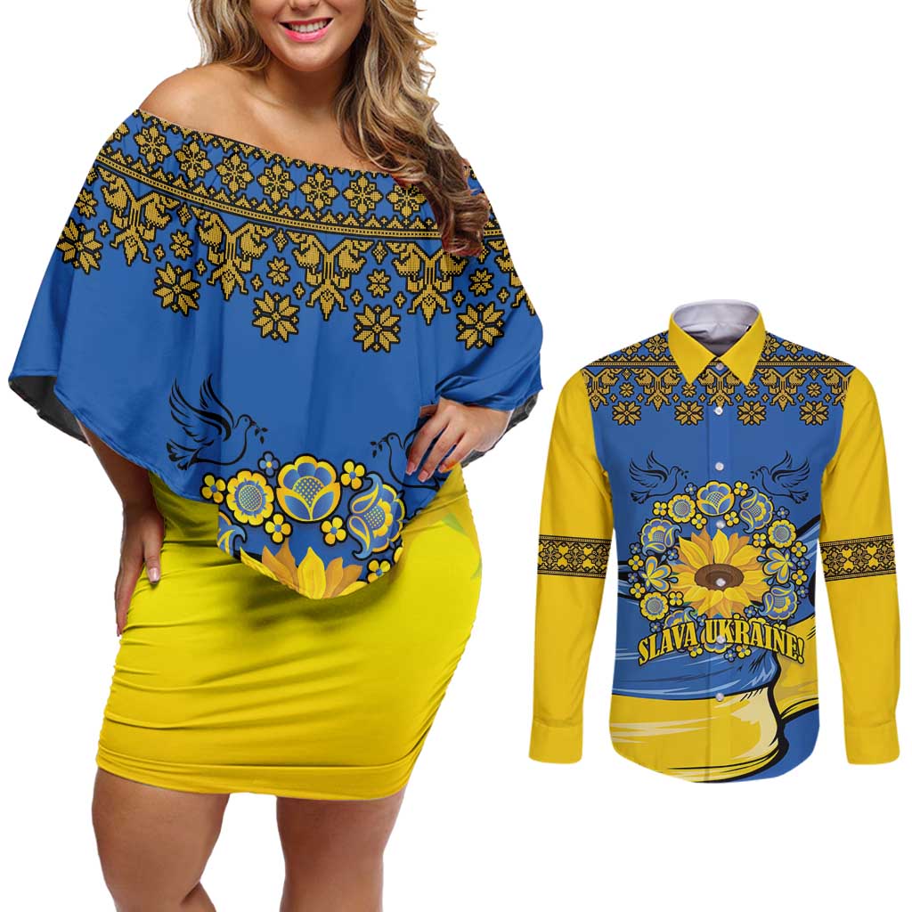 Ukraine Sunflower Peace Sign Couples Matching Off Shoulder Short Dress and Long Sleeve Button Shirt With Folk Patterns - Wonder Print Shop