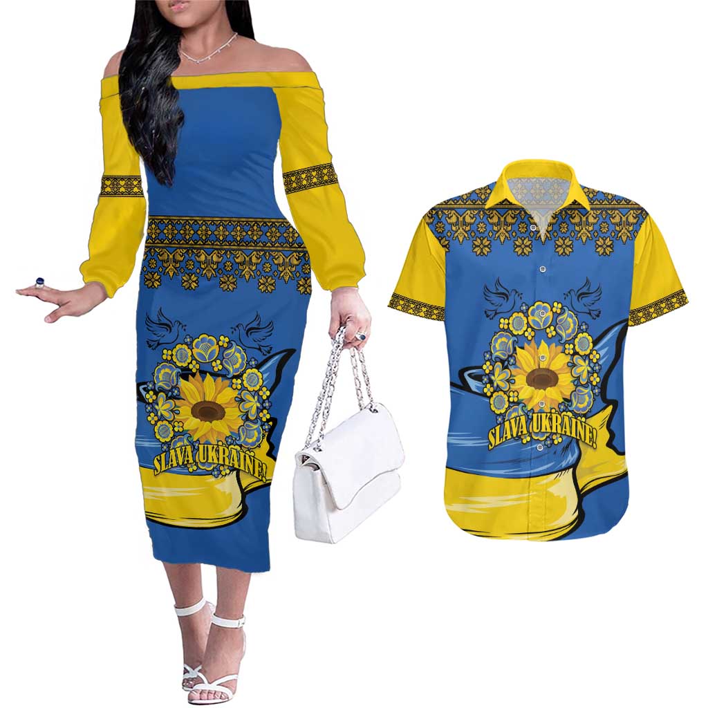 Ukraine Sunflower Peace Sign Couples Matching Off The Shoulder Long Sleeve Dress and Hawaiian Shirt With Folk Patterns - Wonder Print Shop