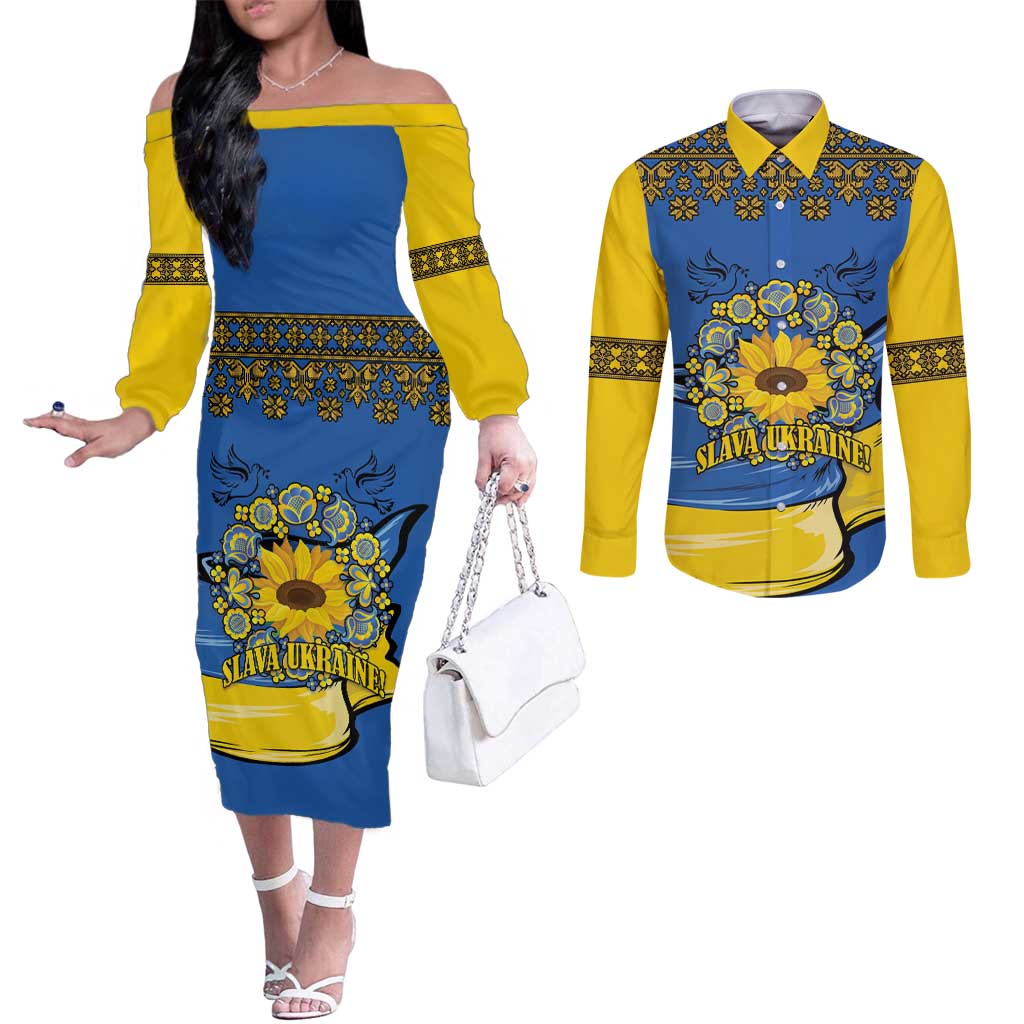 Ukraine Sunflower Peace Sign Couples Matching Off The Shoulder Long Sleeve Dress and Long Sleeve Button Shirt With Folk Patterns